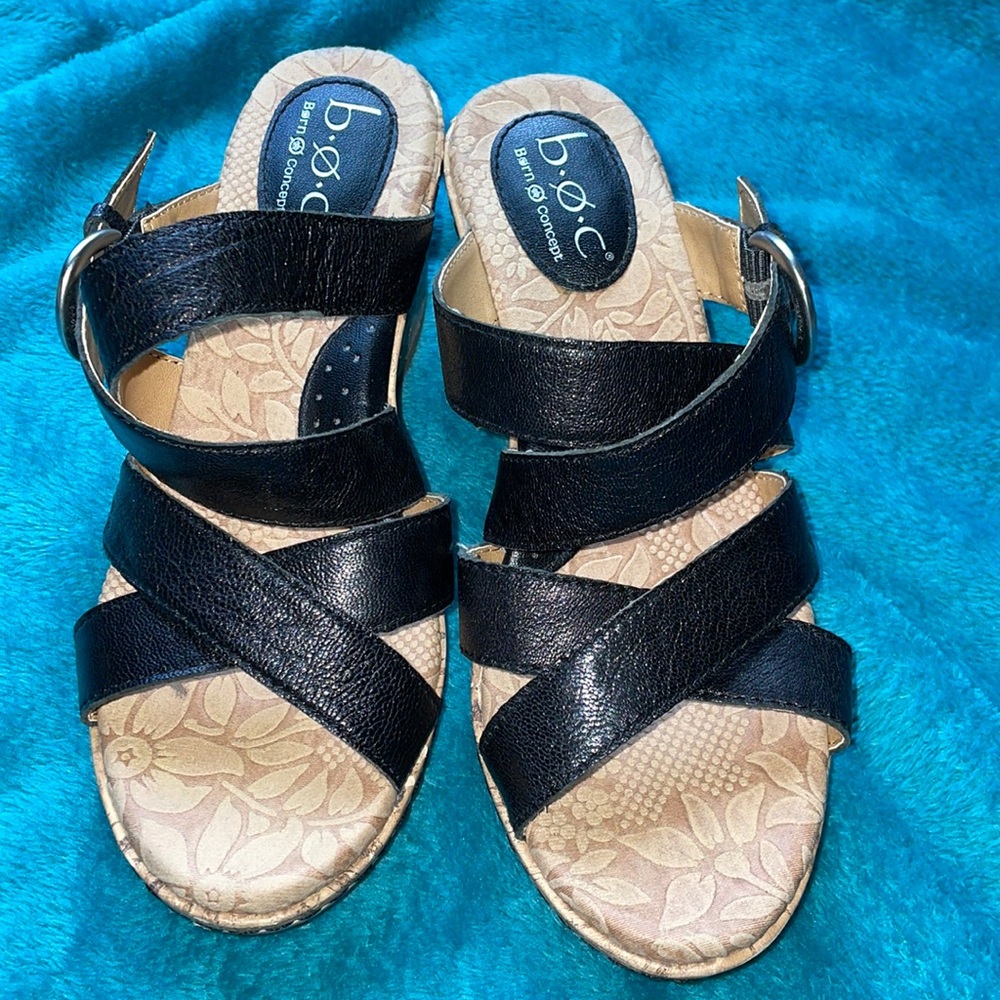 BOC by born black leather strap wedge sandals